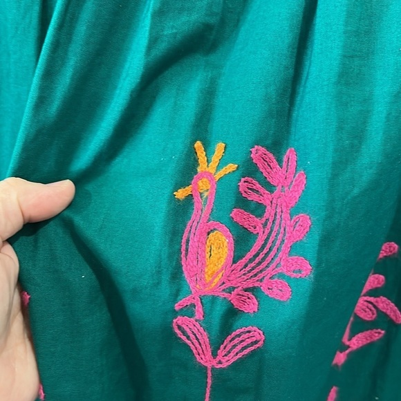 WD.NY Green Pink Embroidered Boho Floral Animal Cotton Midi Skirt - Size 6 - Picture 5 of 11